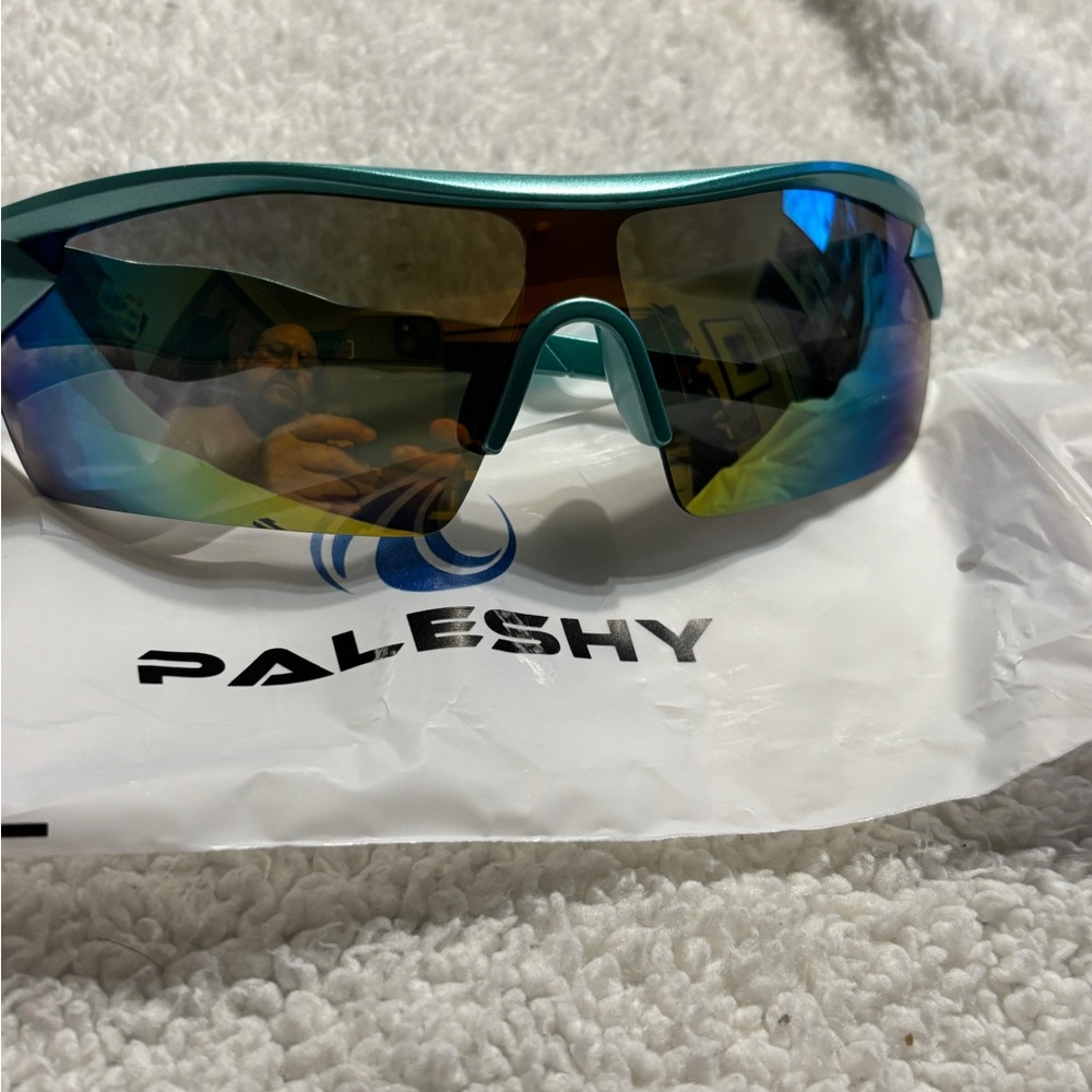 Paleshy Reflective Sports Sunglasses with Aqua blue frames . New